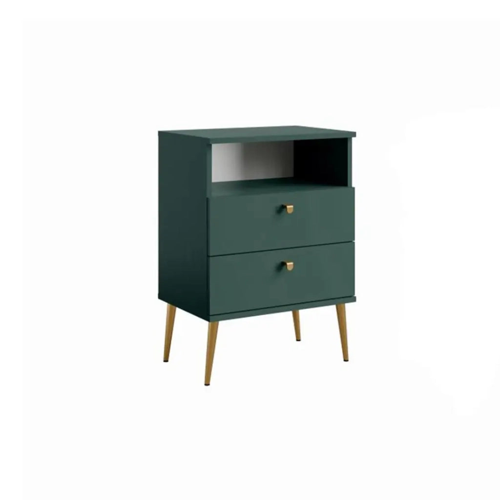 Tavolino da Notte 2 Cassetti con Vanetto - verde e piedi in metallo dorato - Collezione Aurora