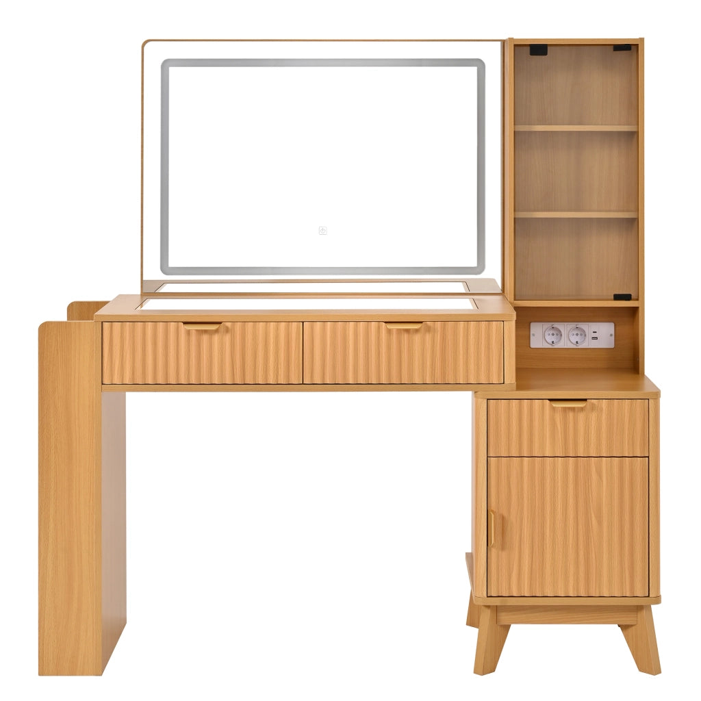 Toeletta con specchio LED, prese elettriche USB e USB-C, 3 cassetti e vani laterali, 133x136x40 cm, Natural