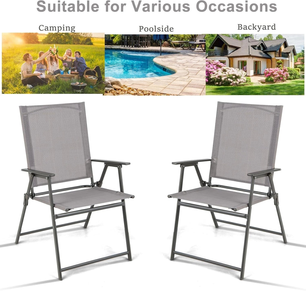 Set di 2 sedie da giardino portatili con schienale alto, sedia da esterno pieghevole con serratura di sicurezza, carico di 150 kg, per terrazza, balcone, spiaggia, feste (grigio, set di 2)