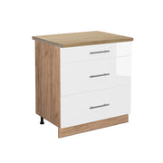 Mobiletto base per cucina Fame-Line Bianco lucido/Rovere dorato 80 cm con 3 cassetti, PL Rovere Vicco