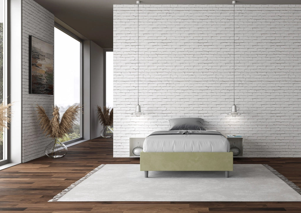 BS COM Letto singolo contenitore imbottito 100x210 microfibra tè verde