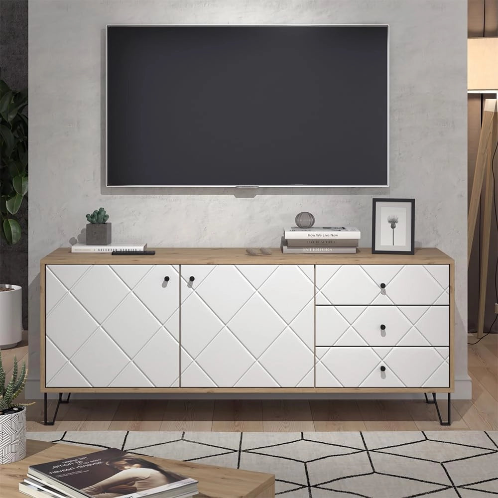 Mobile tv Nizza, Rovere artigianale, 150.2 x 60.2 cm con 3 cassetti e 2 ante, da utilizzare come superficie d'appoggio accanto al letto