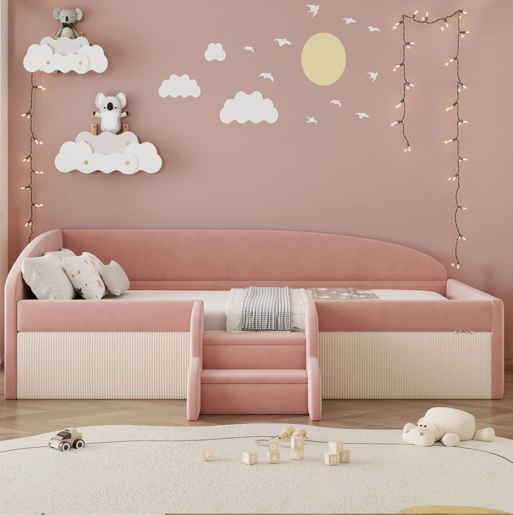 Letto imbottito per bambini 90x190 cm in velluto rosa e bianco; con scaletta e sponde