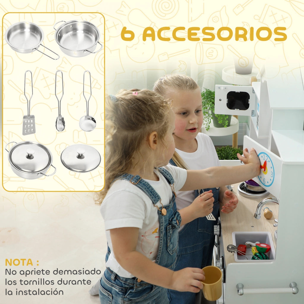 Cucina Giocattolo Legno con Suoni e Tende Accessori Acciaio ¨C Xylo ¨C Bianco 3+ Anni