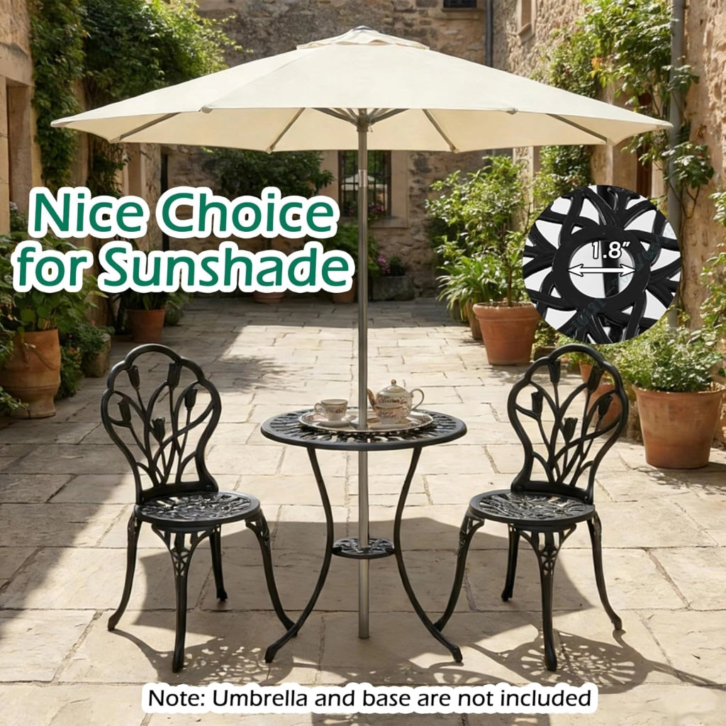 Set da Giardino 3 Pezzi, Tavolo da Bistrot con 2 Sedie in Alluminio Pressofuso, Tavolo con Foro per Ombrellone e Piedini Regolabili, Mobili Resistenti per Balcone, Terrazza e Cortile