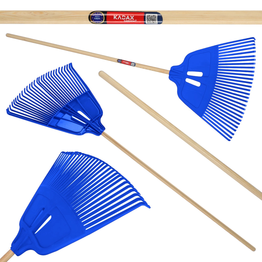 Rastrello per foglie KADAX con manico in legno, lunghezza 174 cm, a ventaglio.