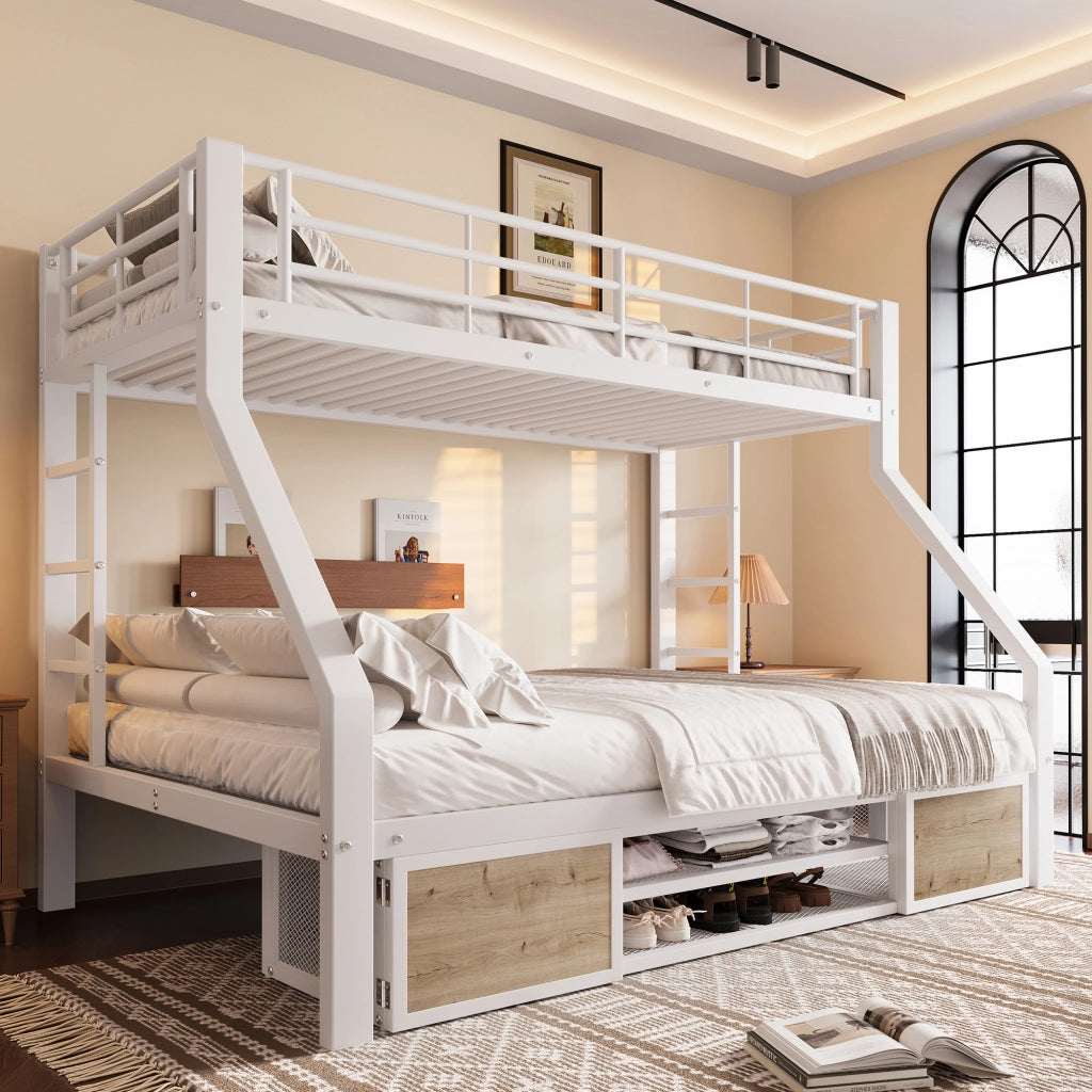 DESMIU Letto a castello per bambini 90 × 200 cm e 140 × 200 cm con scarpiera e vani, senza materasso, bianco