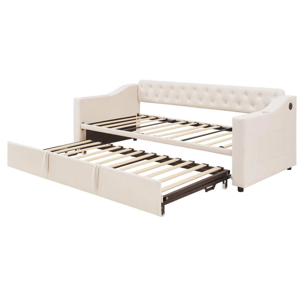 Letto estraibile singolo 90×190 cm con USB; vani portaoggetti e rete; senza materasso; beige