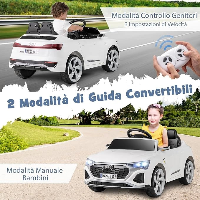 12V Audi Auto Elettrica per Bambini, Veicolo Elettrico con Telecomando Clacson Luci LED Musica, 3 Velocità 3-5 Km/h, Avvio Morbido, Auto per Bambini 3 Anni+ (Bianco)