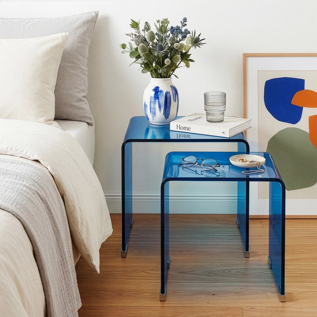 Set Kariengem di 2 Tavolini Sovrapponibili in Vetro - Blu [en.casa]