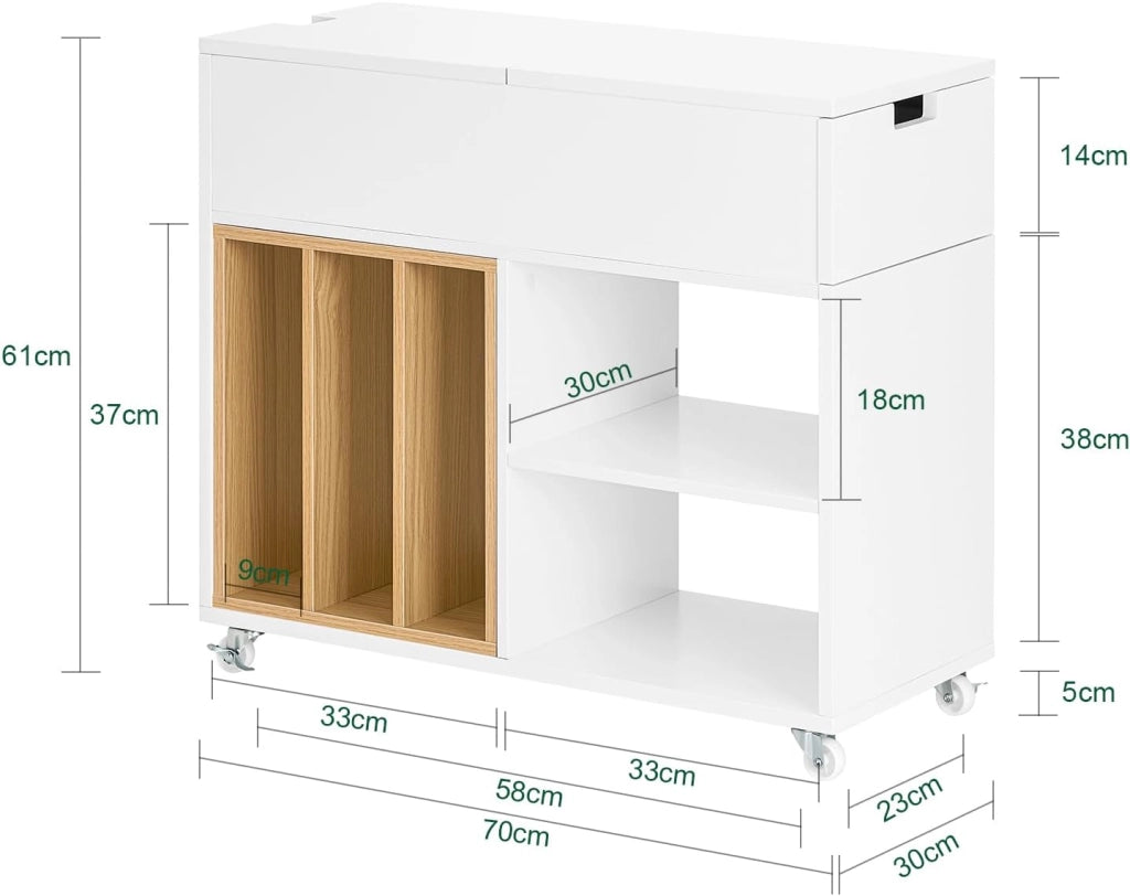 Carrello Ufficio con Ruote – Cassettiera Mobile e Supporto Stampante, Mobile da Ufficio con Piano Ribaltabile, Cassetto e Libreria Rimovibile, Bianco, L30 x P61 x H70 cm, FBT134-W