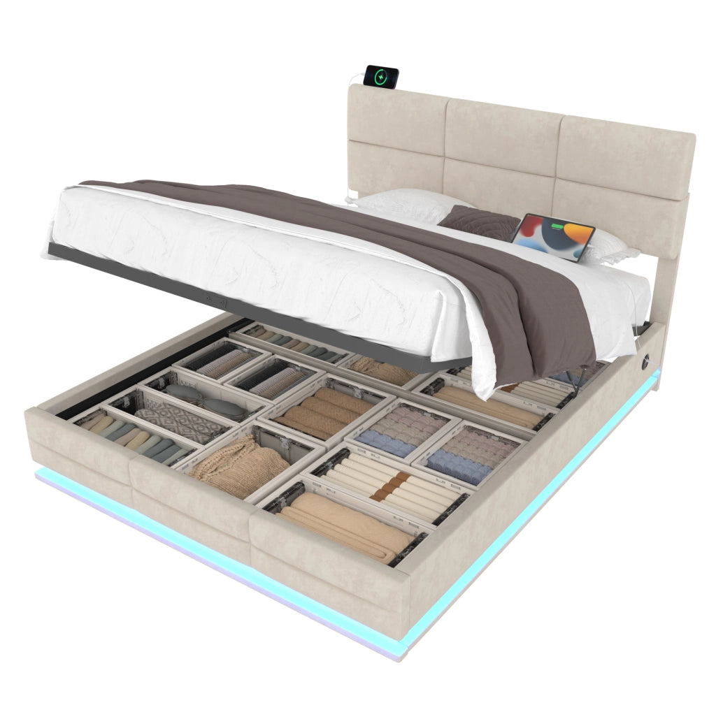 Letto matrimoniale 160x200 cm in velluto beige con testiera regolabile; LED e USB