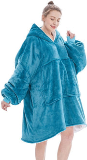 Pantaloni da jogging con cappuccio e tasche, con maniche imbottite in pile, caldi, adatti per adulti e bambini, colore blu chiaro.