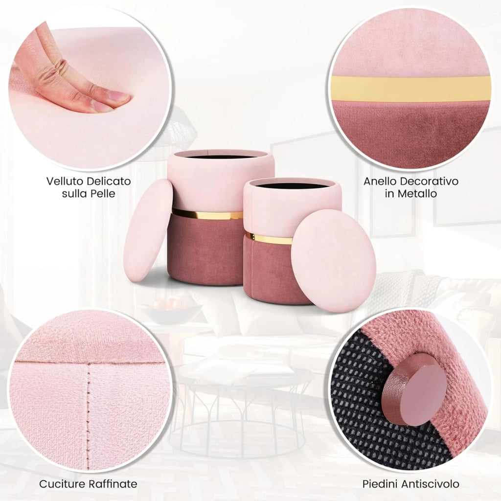 Set di 2 Pouf Contenitore in Velluto, Pouf Rotondi Imbottiti da 32L +21L, Sgabelli con Contenitore per Soggiorno, Camera da Letto, Portata 150 kg (Rosa)