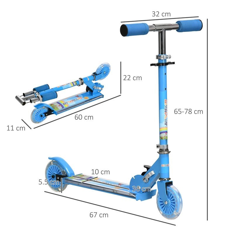 MONOPATTINO PER BAMBINI 3-7 ANNI PIEGHEVOLE A 2 RUOTE E ALTEZZA REGOLABILE, 67X32X65-78 CM, BLU