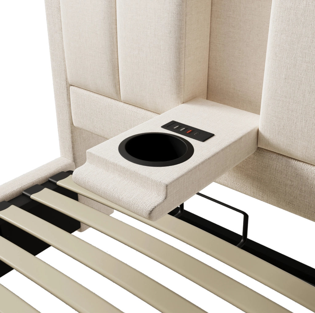 Letto singolo imbottito 90x200 cm con contenitore; stazione di ricarica USB/Type-C e materasso; beige