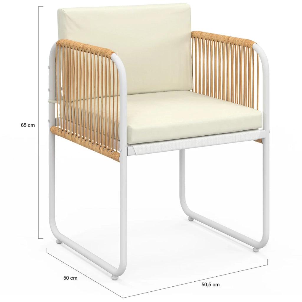 IDMarket - Set di 4 sedie RIO con struttura in metallo bianco, cordoncino effetto rattan chiaro e cuscini beige