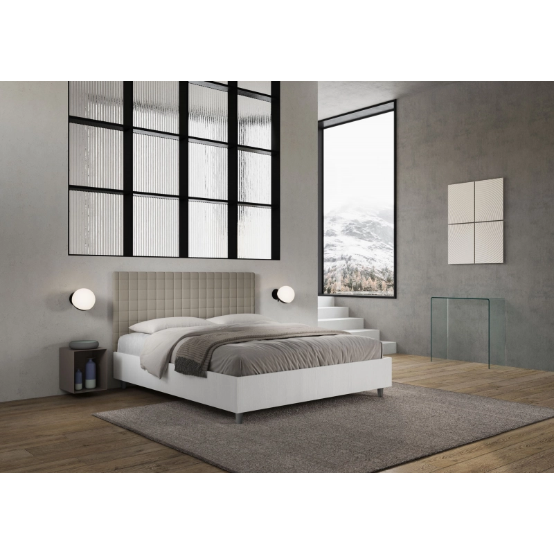 Letto Matrimoniale 160x200 cm struttura bianco frassino testata Burmy - Similpelle,Tortora,Contenitore