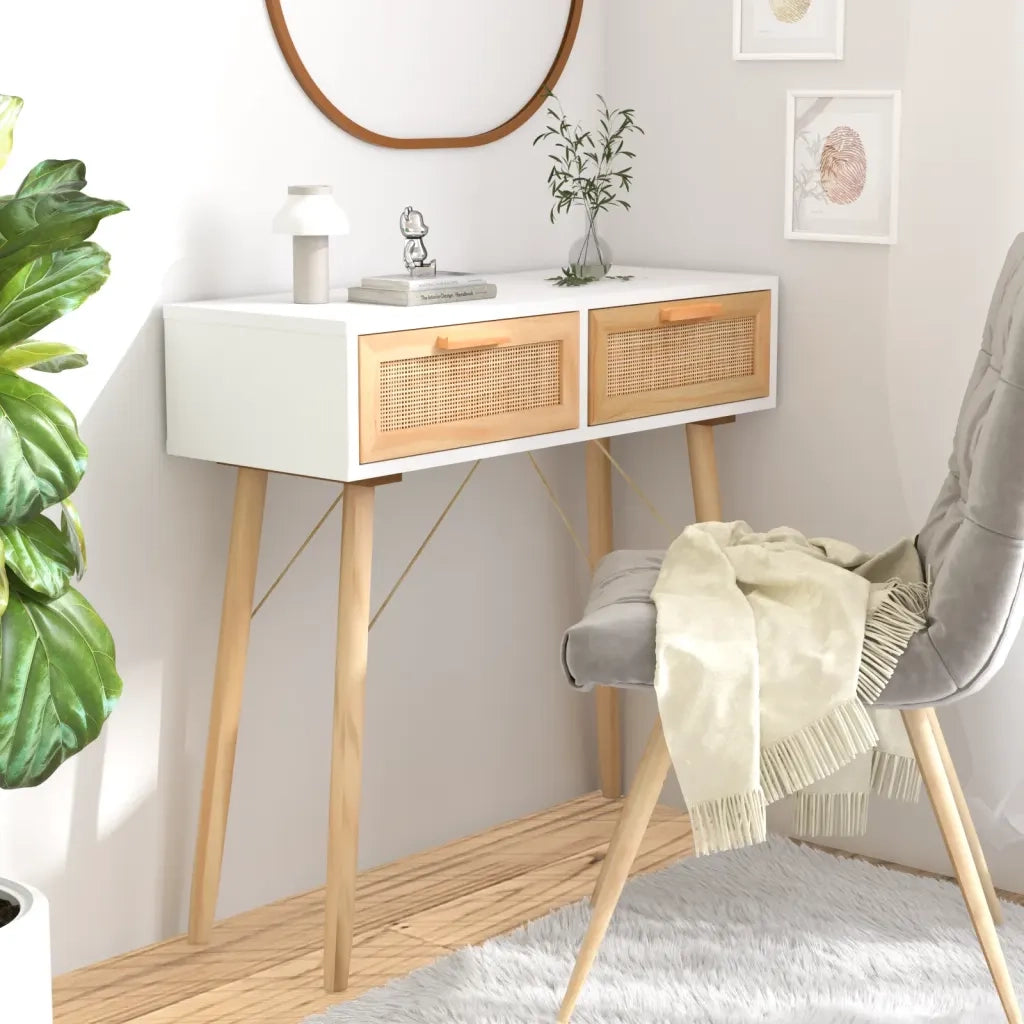 Tavolo Consolle | Tavolo d'Ingresso Bianco 80x30x75cm Massello Pino Rattan Naturale