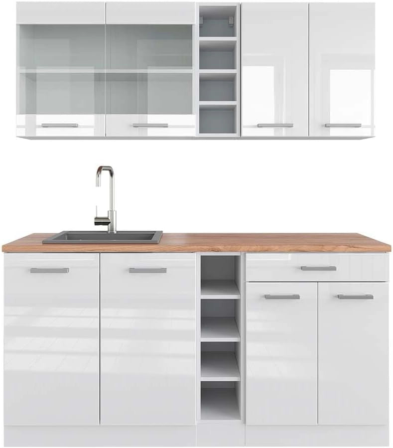 Cucina completa R-Line, Bianco lucido/bianco, 160 cm, PL Rovere, con disposizione flessibile dei moduli ed espandibile