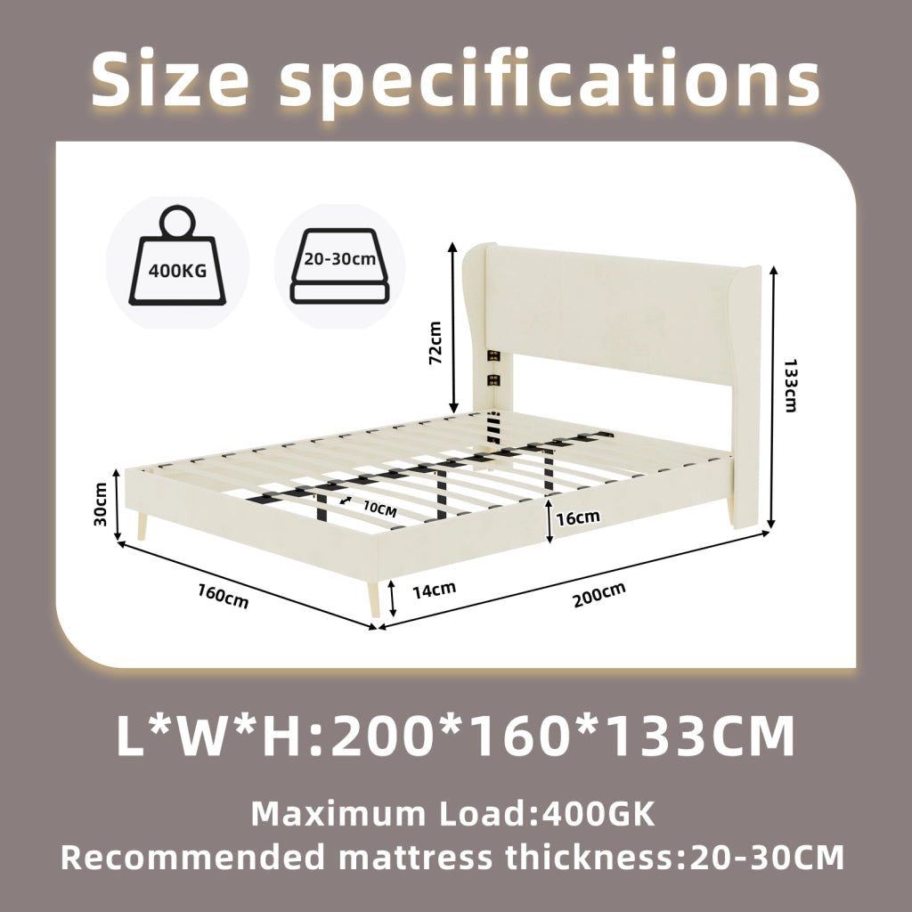 Letto imbottito moderno con testiera morbida, 160x200 cm, beige