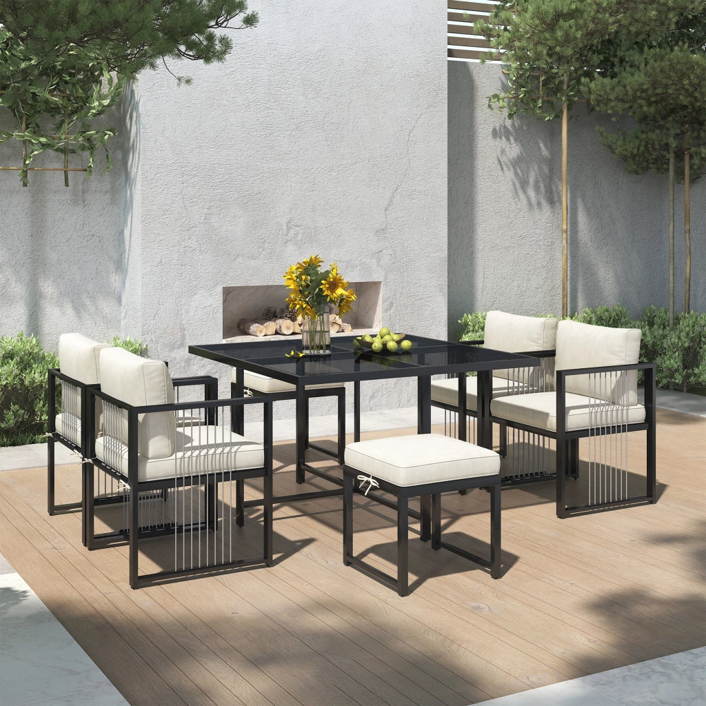 Set Tavolo e Sedie da Giardino con 1 Tavolo Quadrato; 4 Poltrone e 2 Poggiapiedi; Metallo; Vetro; Tessuto; Nero e Bianco