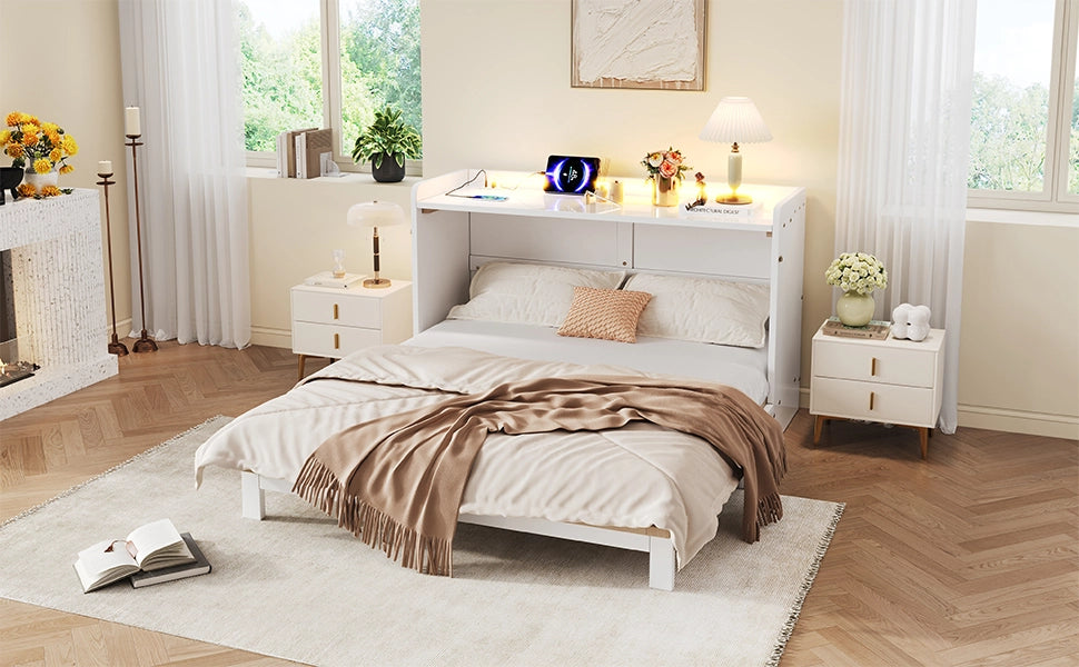 Letto a scomparsa 140 × 200 cm con cassetti, USB, presa e striscia LED, senza materasso, bianco lucido