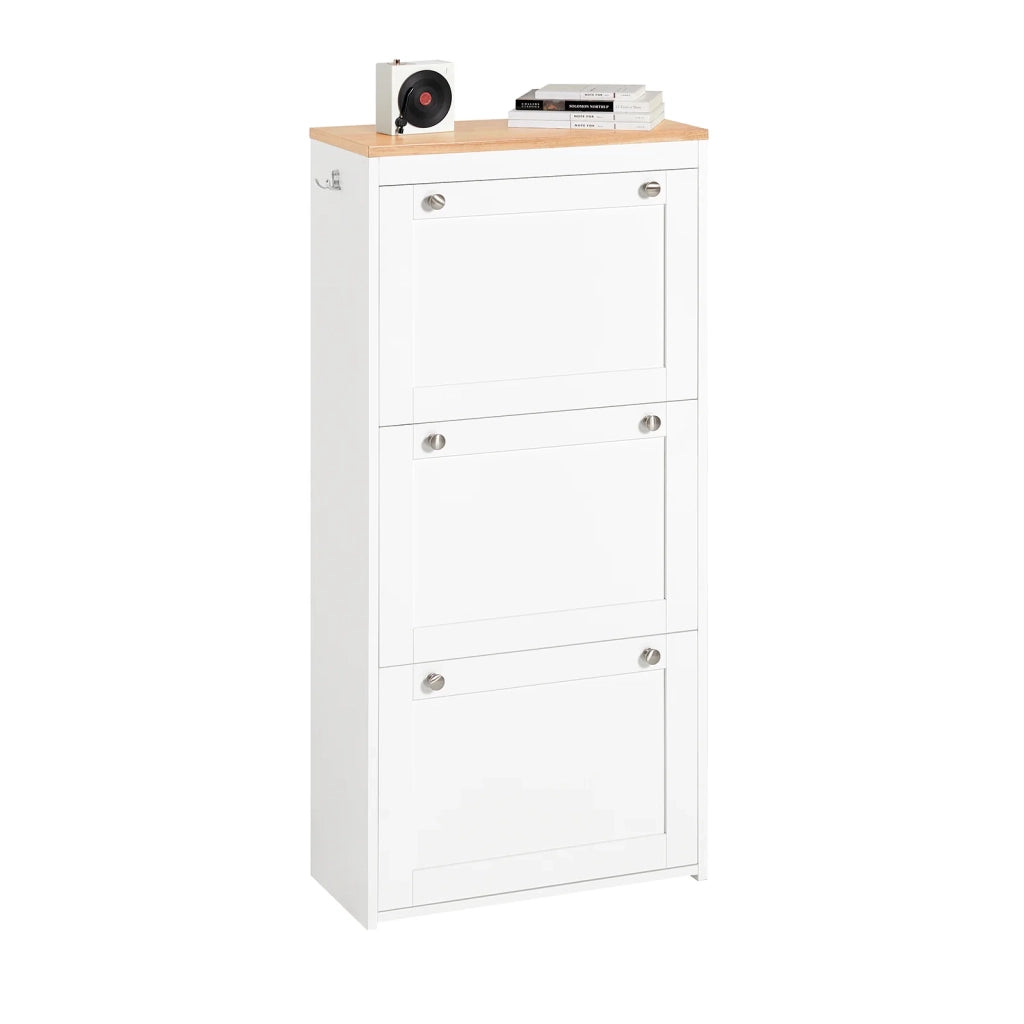 Scarpiera Ribaltabile, Scarpiera Con 3 Ribalte, Portascarpe Salvaspazio Con 2 Ganci, Bianco-Naturale 59x26x116cm FSR144-WN