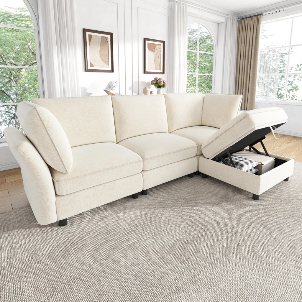 Divano modulare a L con pouf contenitore, 4-5 posti, tessuto chenille, beige