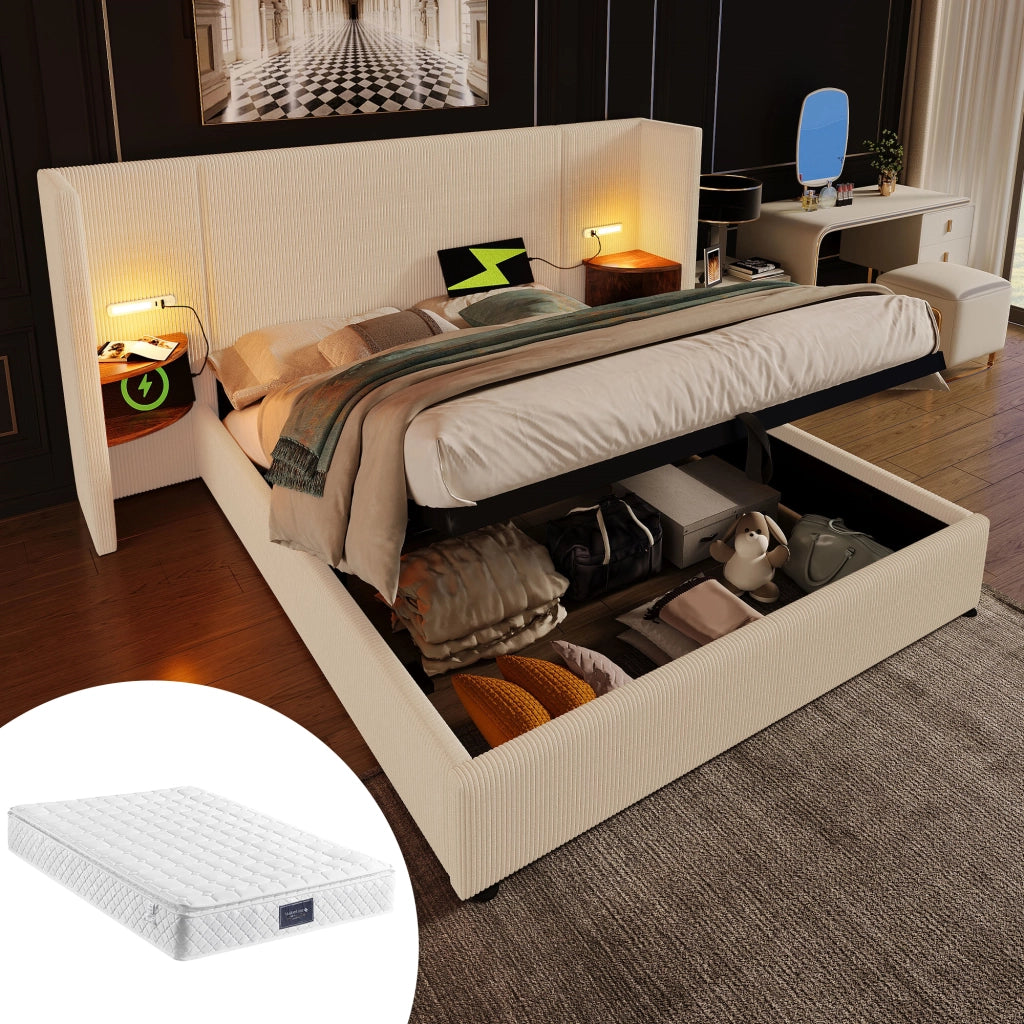 LETTO Contenitore 160x200 cm Beige in corduroy con testiera e lampada LED