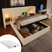 LETTO Contenitore 160x200 cm Beige in corduroy con testiera e lampada LED