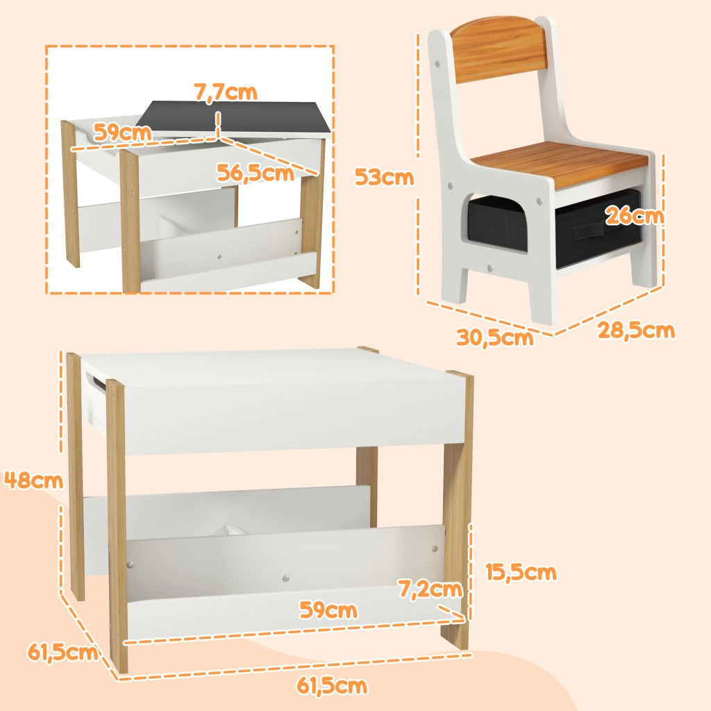 Set Tavolo e Sedie Bambini 3in1 ¨C Xylo ¨C Bianco Legno Naturale con Lavagna Cassetti
