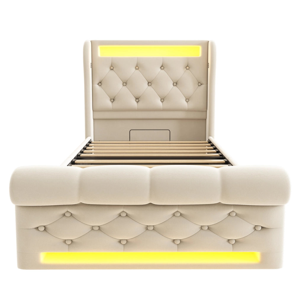 Letto imbottito 90x200 cm beige in velluto con LED, USB-C e vano contenitore