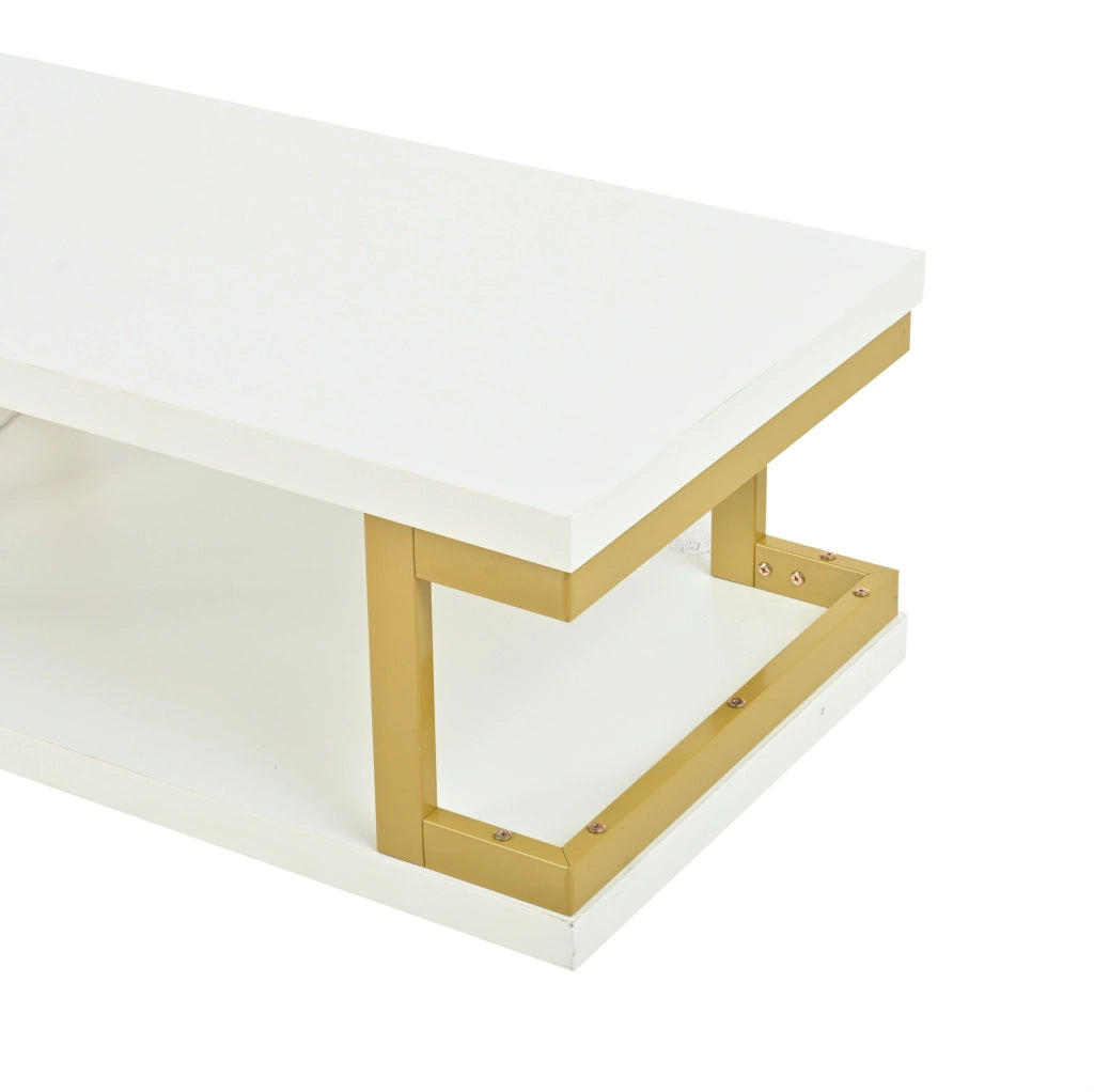 Tavolino da caffè rettangolare 100x50x37;5 cm bianco e oro con LED; MDF e metallo