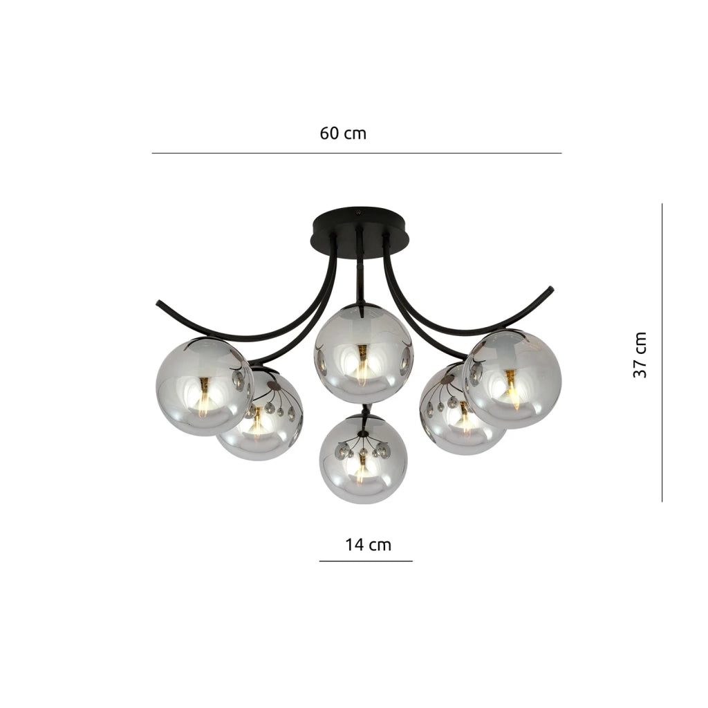 Plafoniera Moderna 6 Luci Coeo In Acciaio Nero E Diffusori In Vetro Fumè