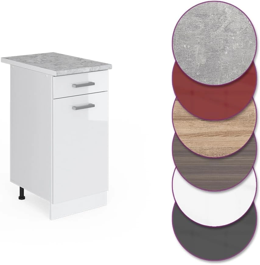 Mobiletto base per cucina R-Line, Bianco lucido, 40 cm, PL Marmo, per la libera combinazione all'interno di sistemi cucina modulari