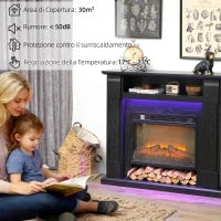 Camino Elettrico 1800W Regolabile con Fiamma 3D, Ripiano, Timer e Telecomando, 105x27x97 cm, Nero