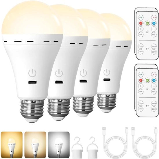 4 pezzi LED lamp E27 - Batteria ricaricabile con telecomando - Lampada a led regolabile con funzione oraria, 3 temperature di colore - Illuminazione di emergenza per interni ed esterni