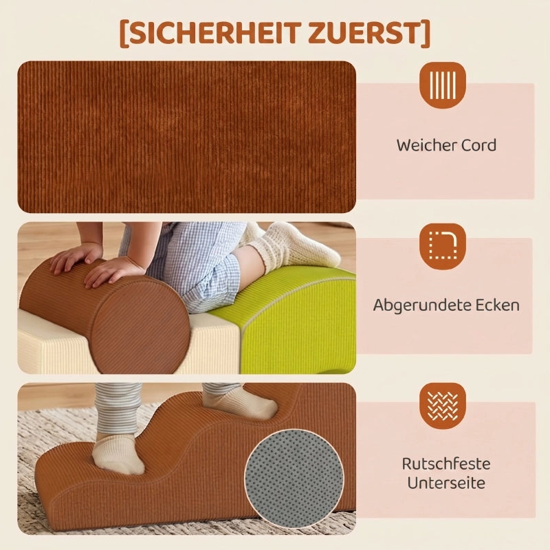Set di 5 mattoncini da costruzione in schiuma. Mattoncini morbidi per bambini, con effetto velluto a coste e base antiscivolo, colorati.