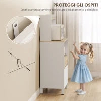 Mobiletto per Microonde in Legno con Mensola, Ripiano Aperto, Cassetto e Armadietto, 60x40x131 cm, Bianco