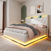 Letto matrimoniale imbottito 140x200 cm con LED, USB e vano contenitore