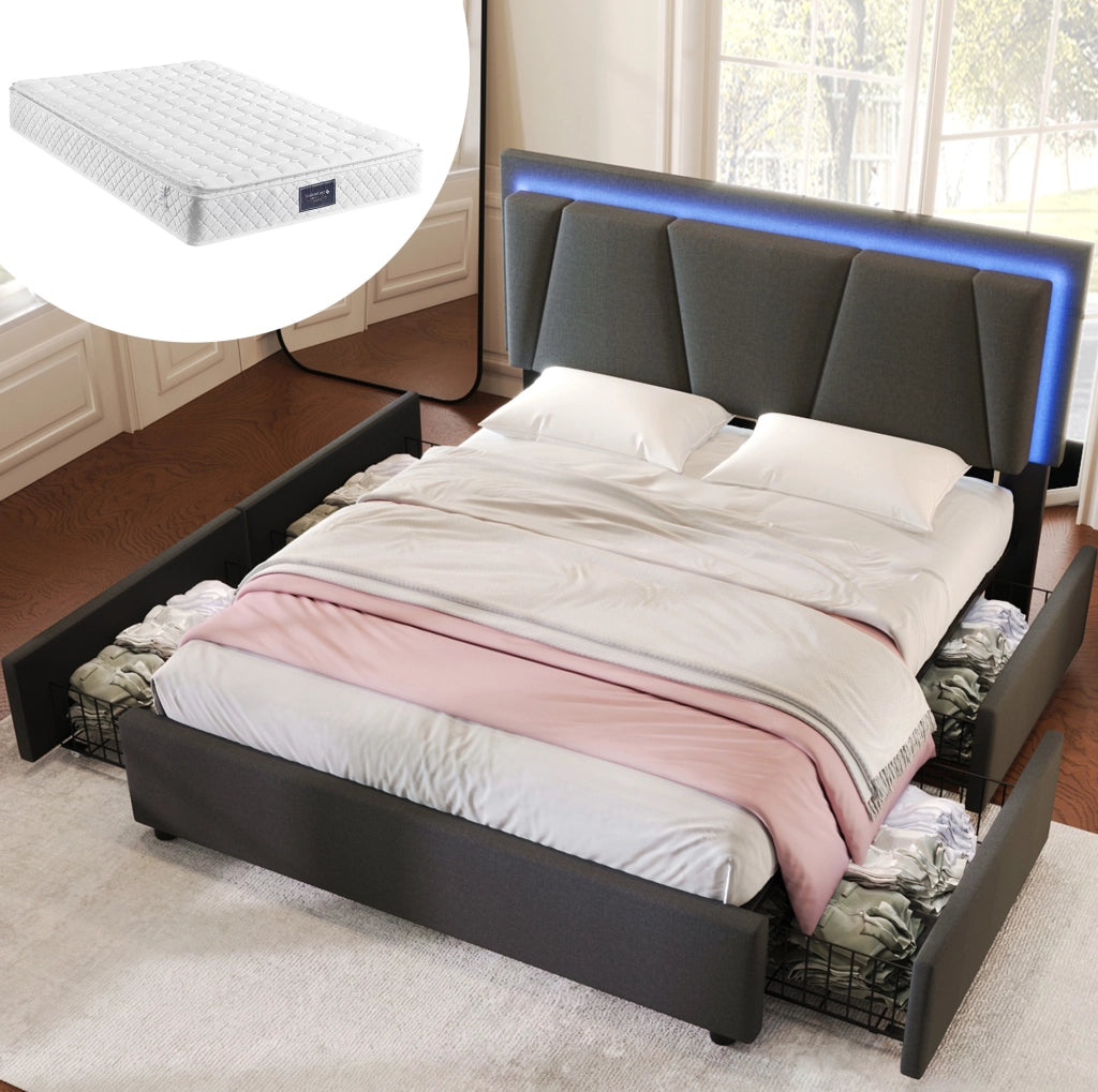 Letto matrimoniale 140x200 cm LED con 4 cassetti grigio