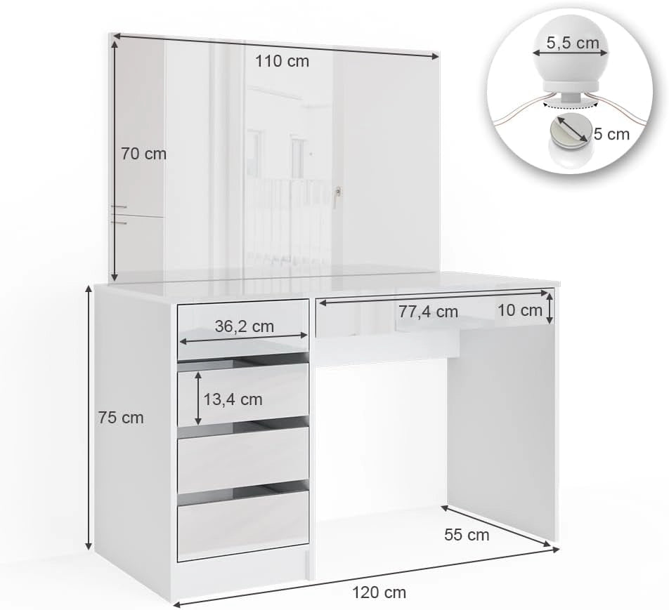 Tavolo da toeletta Sherry, Bianco, 120 cm con illuminazione a LED, con illuminazione LED e grande specchio rettangolare
