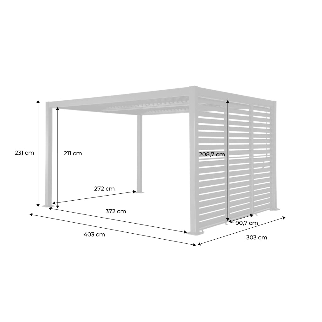 Pergola bioclimatica 3x4m in alluminio e acciaio + 3 persiane 1m,