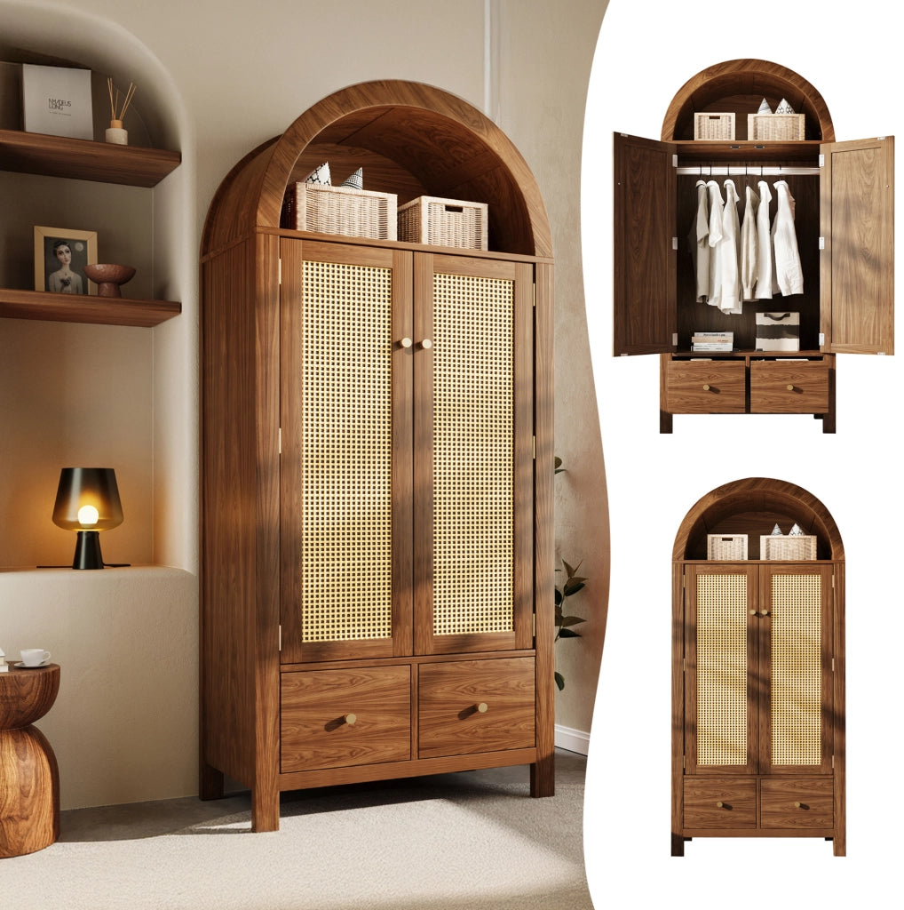 Armadio guardaroba 181x78x45 cm in MDF e metallo; effetto noce con ante in rattan