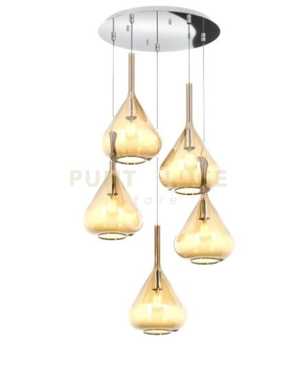 SOSPENSIONE CROMO 5 LUCI TONDA VETRI AMBRA 1177CR-S5 T-AM