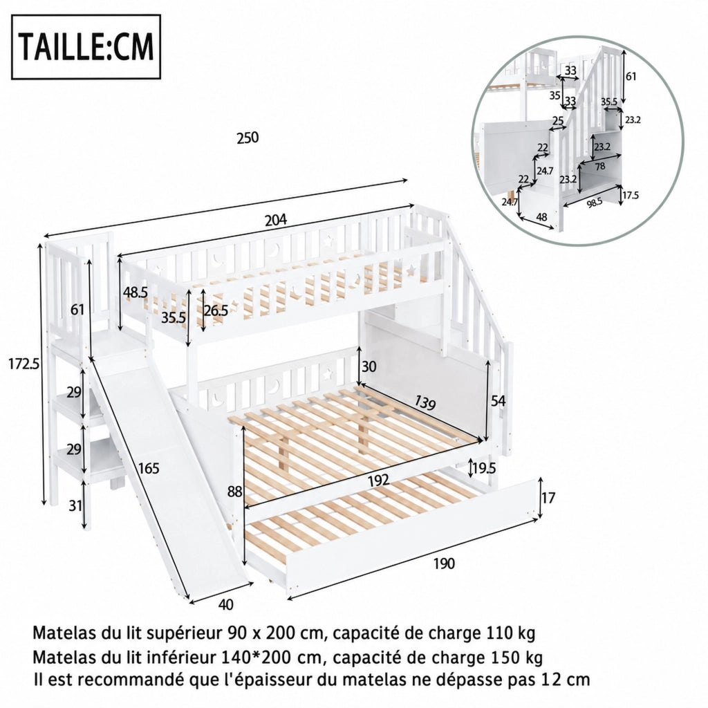 DESMIU Lit a castello per bambini 90 × 200 cm e 140 × 200 cm con scivolo, scala, vano contenitore e letto estraibile, senza materasso, bianco