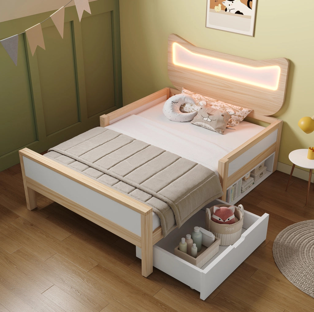 Letto per bambini 90x200 cm con testiera gatto LED RGB, cassetto e sponde
