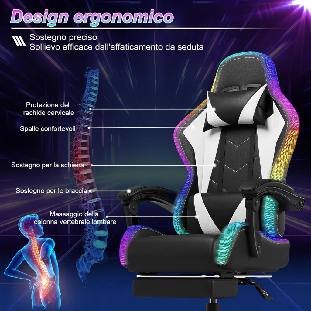 Sedia da Gaming con Massaggiante Schienale Regolabile 90-135°, Sedia Gaming con LED e Poggiapiedi Telescopico,Poltrona Gaming Ergonomica Portata 150 kg (Bianca)