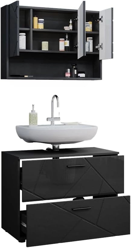 Set mobili bagno Irma, Antracite lucido, 80 cm, composto da specchio da bagno e mobile sottolavabo
